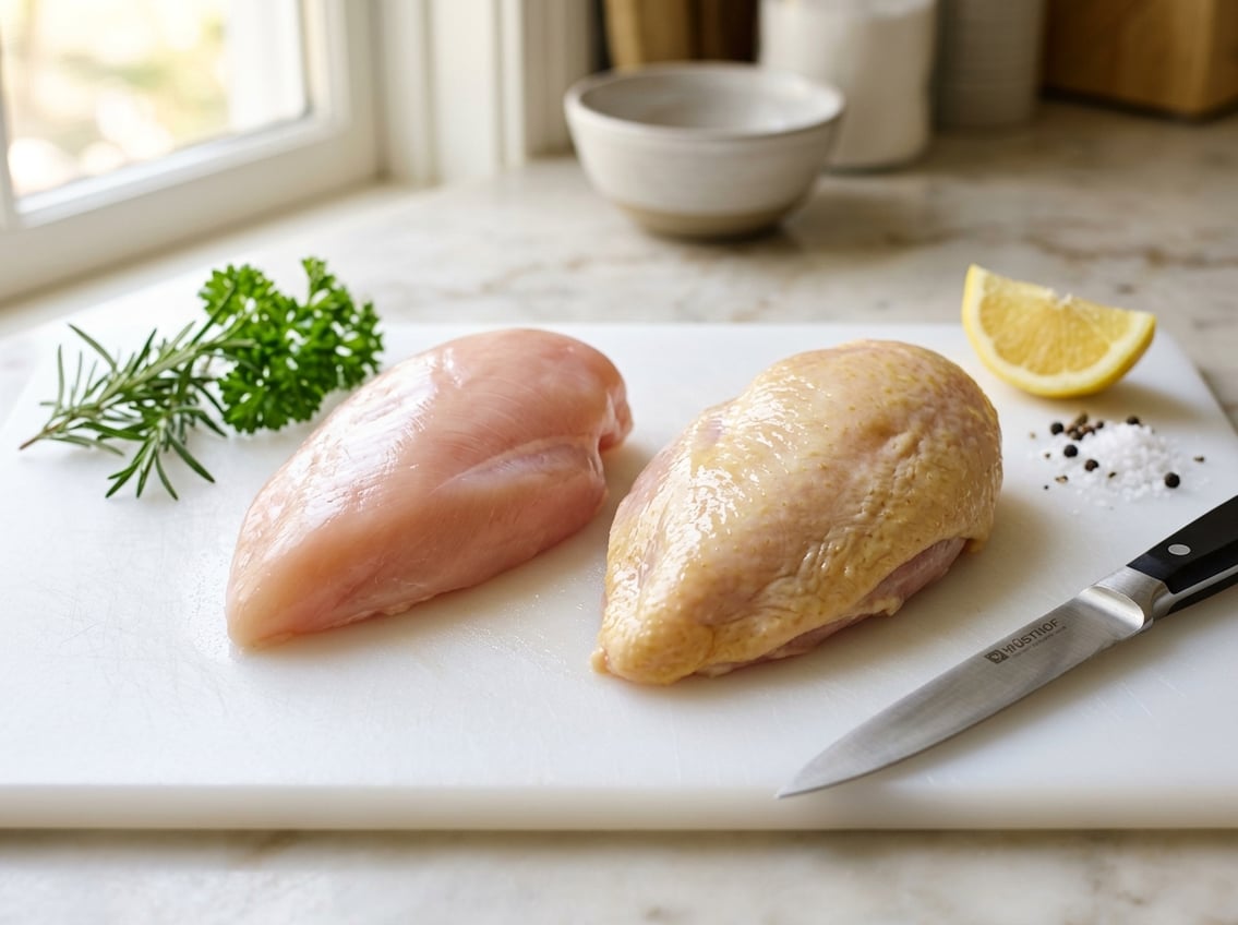 Two raw chicken breasts on a cutting board, one with skin on and one skinless, surrounded by herbs and a lemon wedge in a bright kitchen.