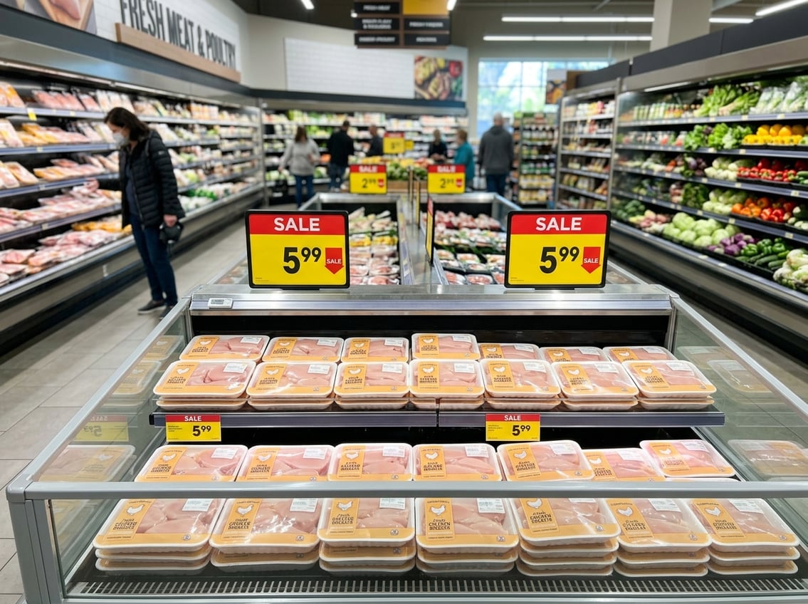 A grocery store aisle showing packaged chicken breasts in a refrigerated section with shoppers browsing nearby.