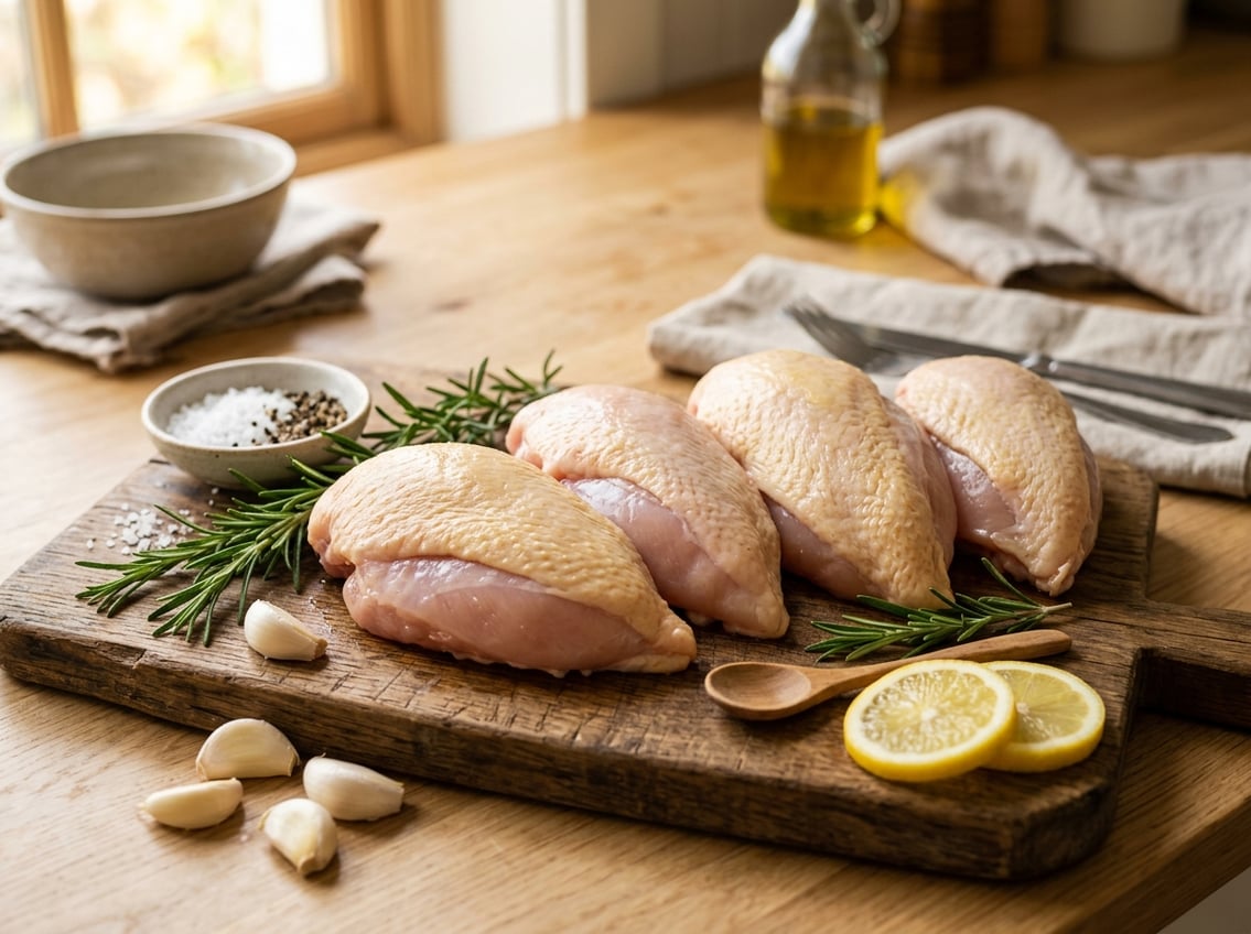 Fresh boneless chicken breasts with skin on placed on a wooden cutting board surrounded by herbs, garlic, lemon slices, and salt on a kitchen counter.