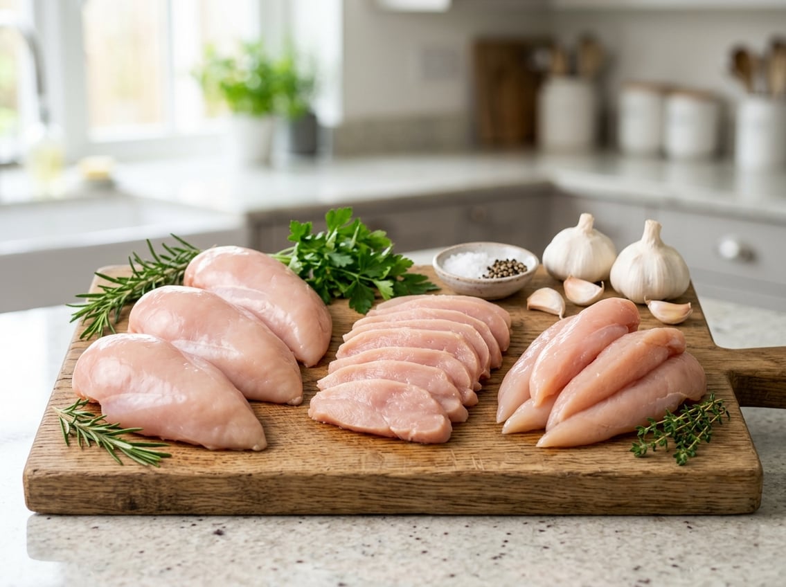 Various fresh chicken breast cuts arranged on a wooden cutting board with herbs and garlic in a kitchen setting.