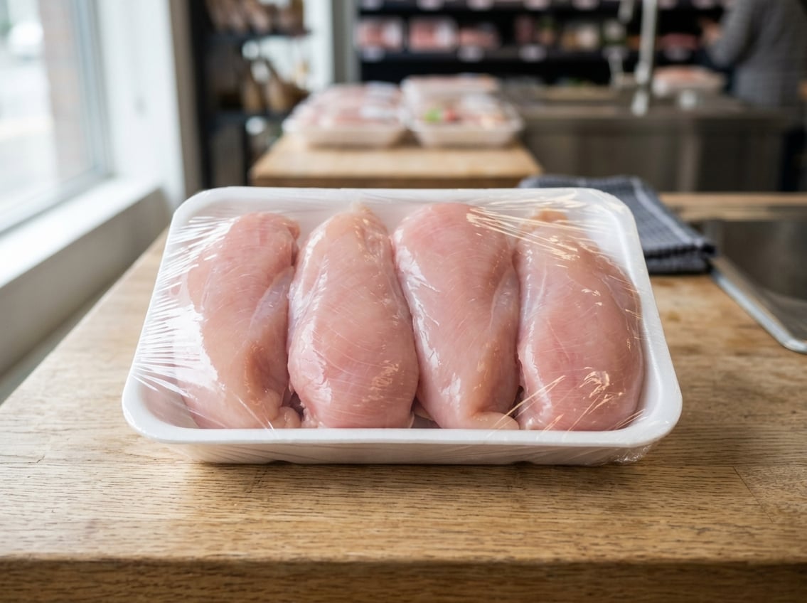 A pack of raw chicken breasts neatly arranged on a white tray wrapped in clear plastic on a wooden surface.