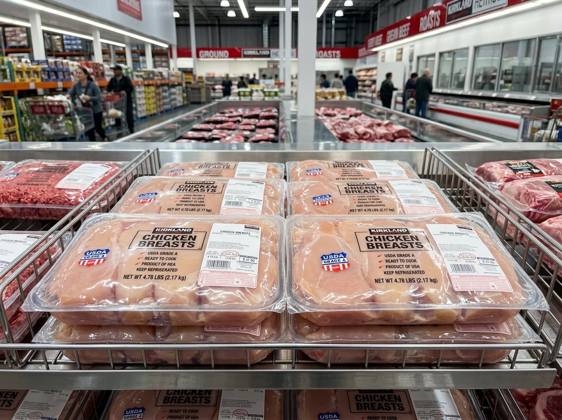 Refrigerated supermarket shelves displaying multiple vacuum-sealed packs of raw chicken breasts arranged neatly.