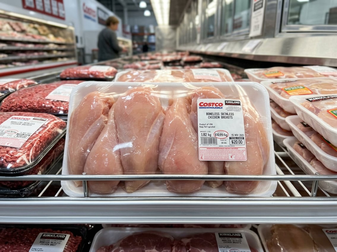 A pack of raw chicken breasts in clear plastic packaging displayed on a supermarket shelf with other meat products in the background.