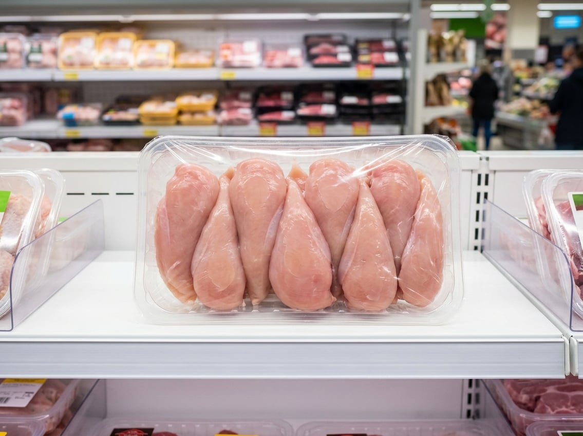 A pack of raw chicken breasts displayed on a supermarket shelf with other meat products in the background.
