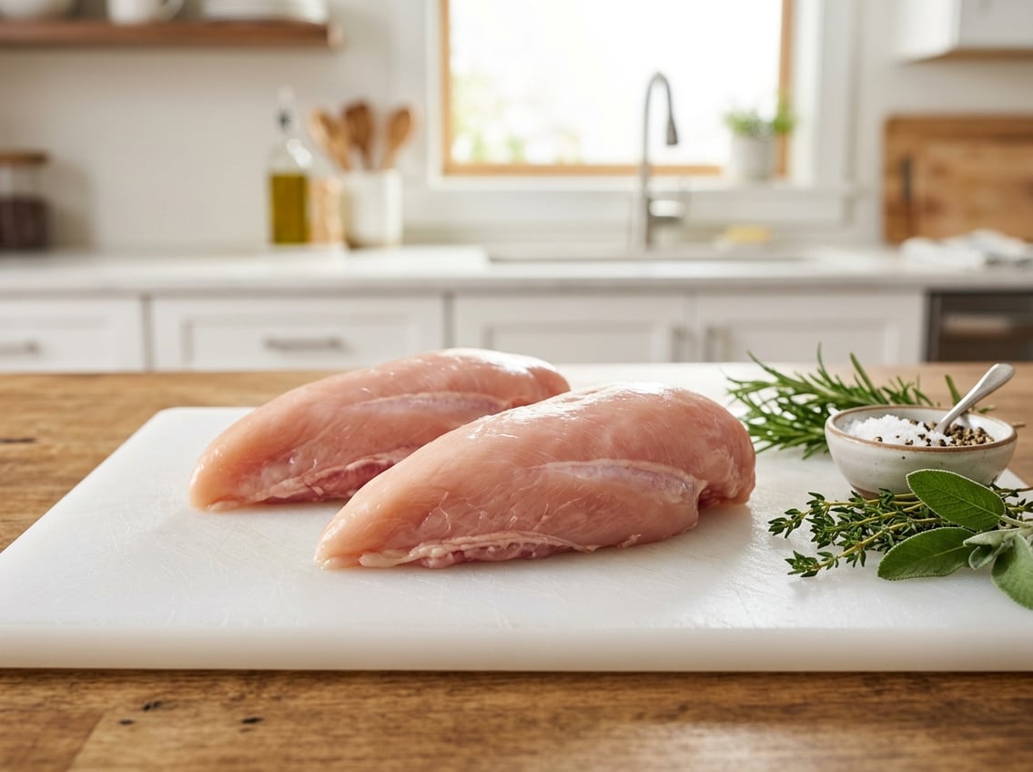 Close-up of raw chicken breasts on a white cutting board with some rib meat visible, surrounded by fresh herbs and seasonings in a kitchen setting.