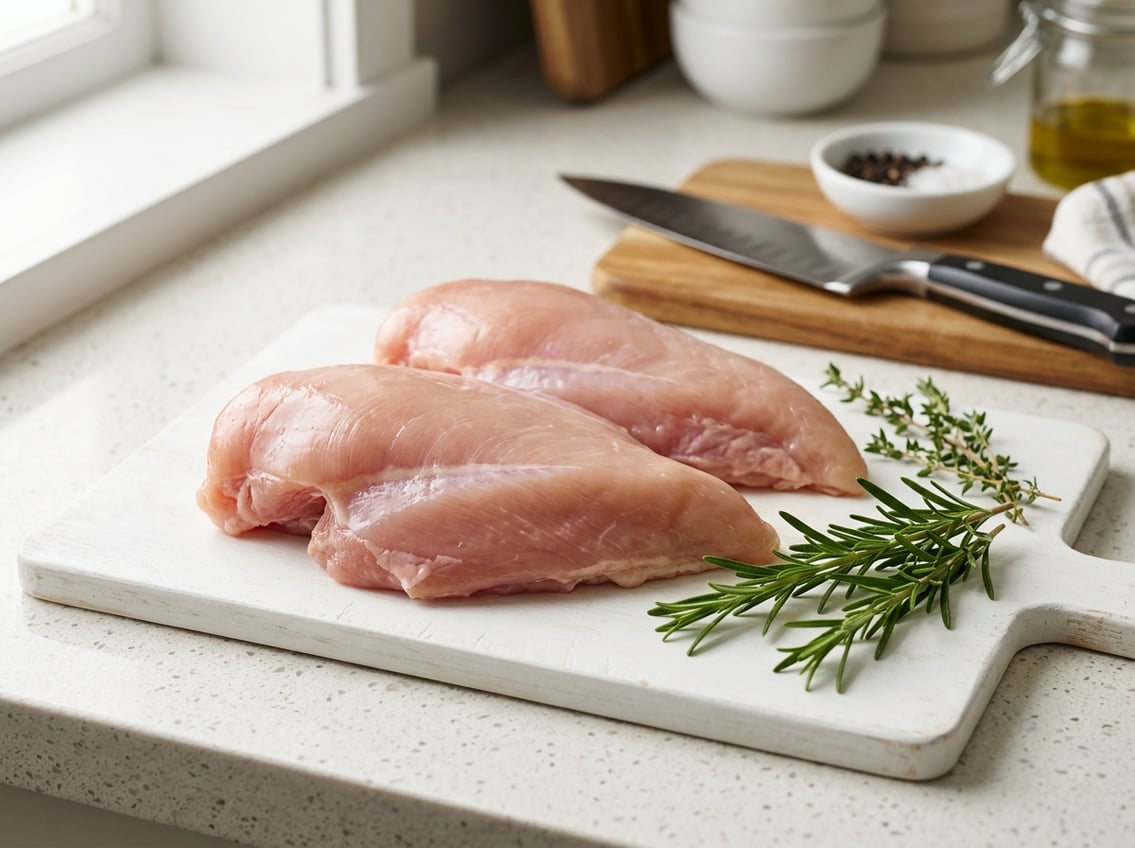 Close-up of fresh raw chicken breasts with attached rib meat on a white cutting board with herbs nearby.
