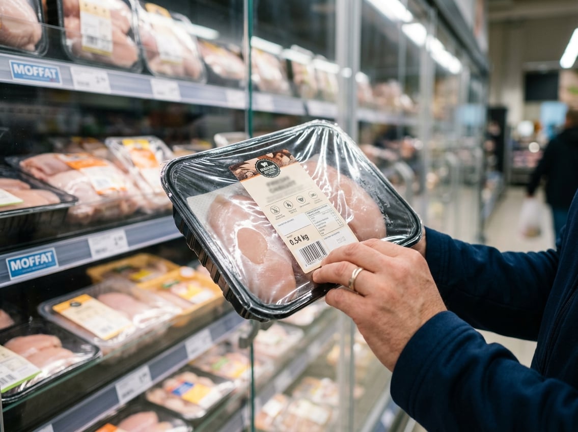 A person holding a packaged chicken breast in a grocery store while inspecting it closely.