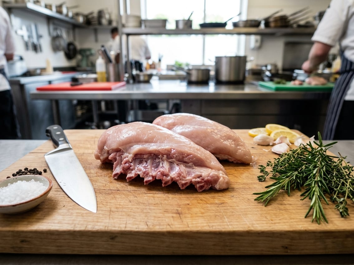 Close-up of raw chicken breasts with rib meat on a wooden cutting board surrounded by fresh herbs and a chef's knife in a kitchen.