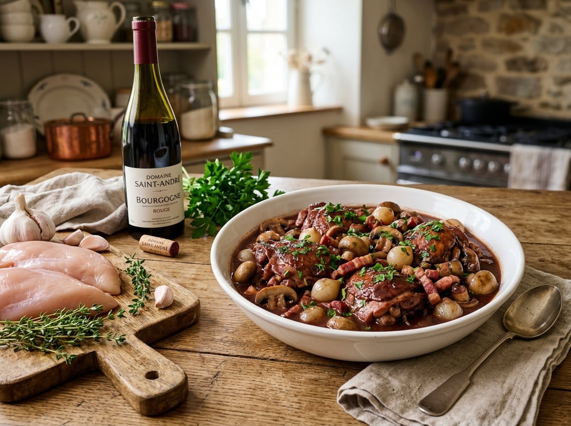 A bowl of coq au vin made with chicken breast surrounded by fresh ingredients and kitchen tools on a wooden table.