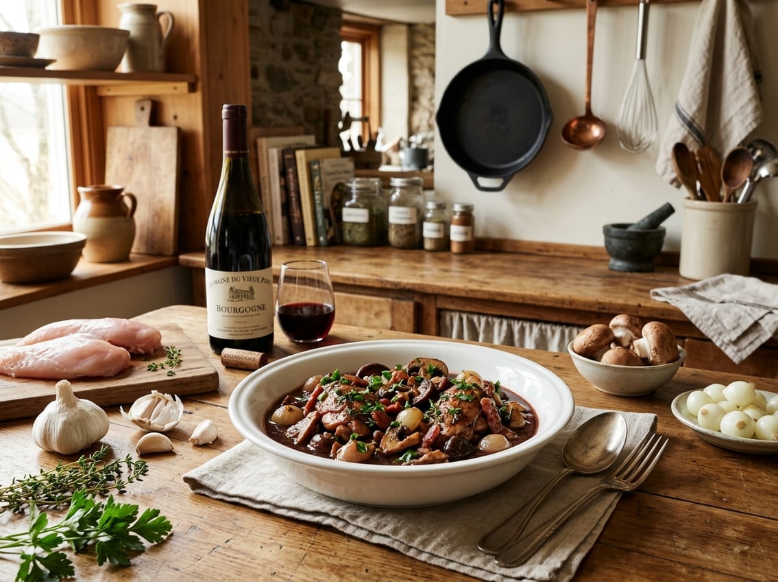 A bowl of coq au vin with chicken breast, mushrooms, pearl onions, and herbs on a wooden table surrounded by raw chicken breasts, red wine bottle, garlic, and cooking utensils.