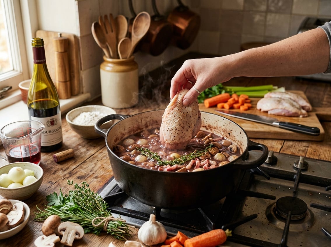 A kitchen scene showing a chicken breast being cooked in a pot with red wine sauce, mushrooms, and herbs, surrounded by fresh ingredients on a wooden countertop.