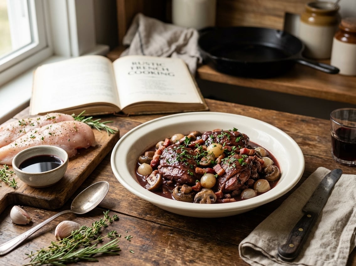A plated serving of chicken coq au vin with raw chicken breasts and cooking ingredients arranged on a kitchen countertop.