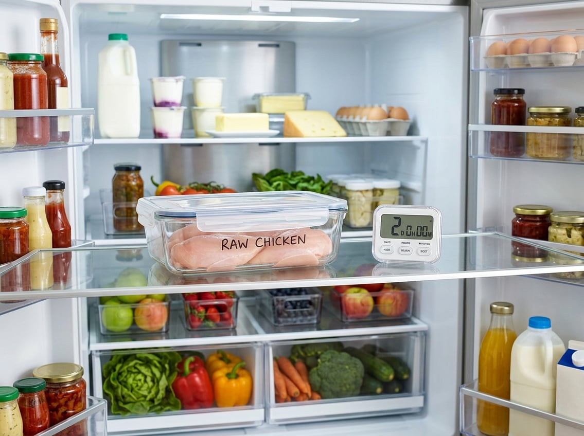Open refrigerator with raw chicken breasts in a clear container and a kitchen timer inside.