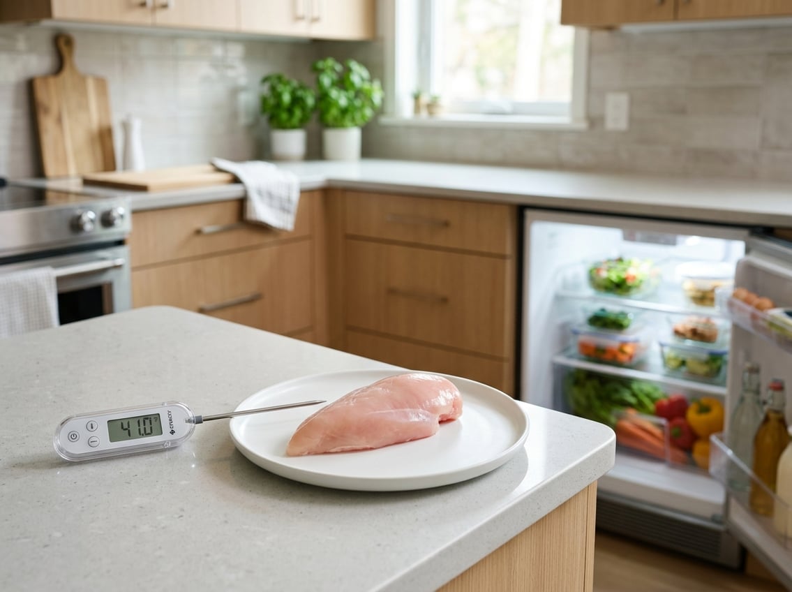 Raw chicken breast on a white plate on a kitchen countertop with a digital thermometer nearby and an open refrigerator in the background.