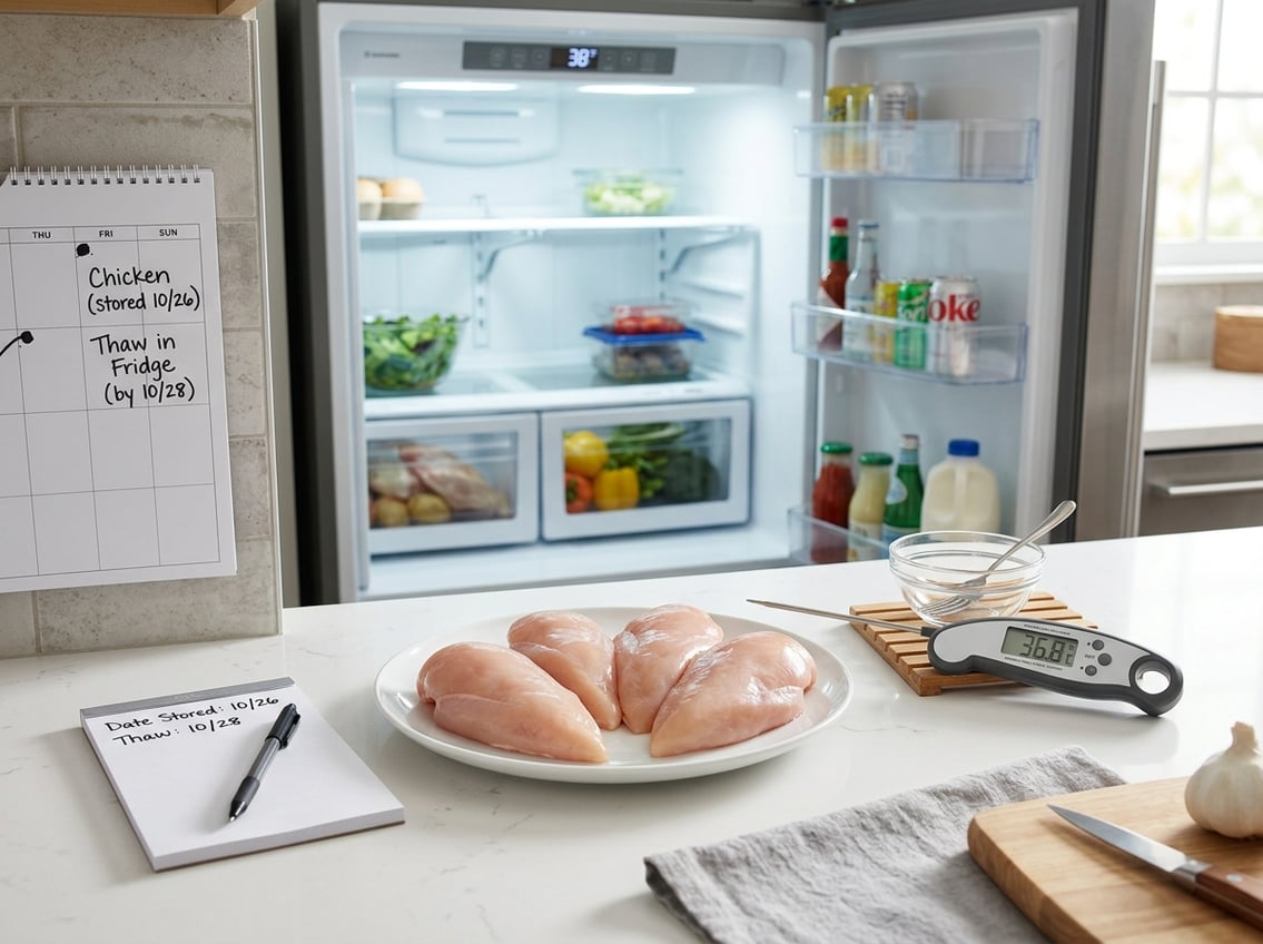 Raw chicken breasts on a white plate on a kitchen countertop with a digital thermometer and a refrigerator in the background.