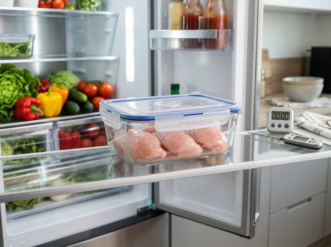 Raw chicken breasts stored in a sealed container inside a well-lit refrigerator with fresh vegetables nearby.
