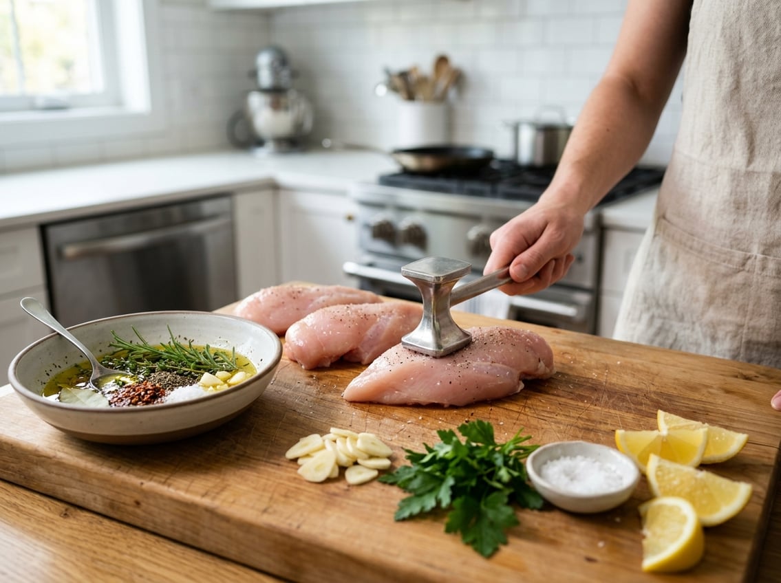 Close-up of raw chicken breasts with fresh herbs, lemon slices, and a meat tenderizer on a kitchen counter.