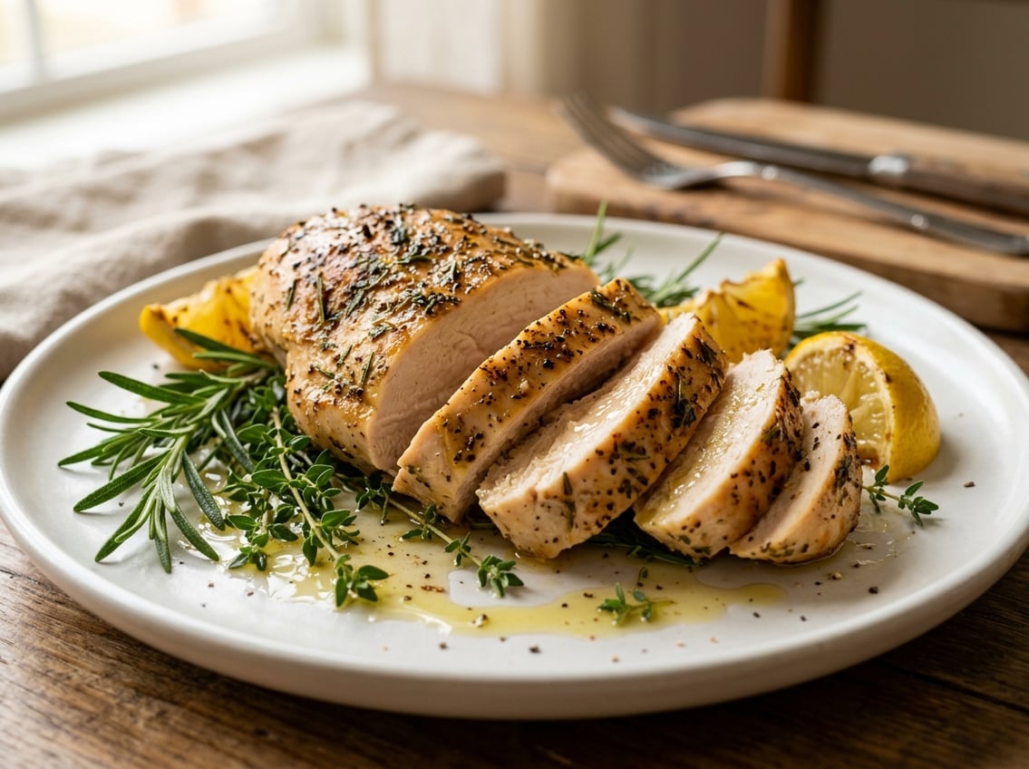 Close-up of a sliced, tender, and juicy chicken breast on a white plate with fresh herbs and lemon wedges.
