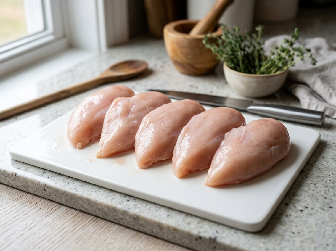 Raw chicken breasts arranged on a white cutting board on a kitchen countertop.