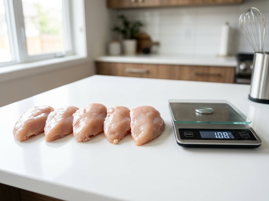 Close-up of several raw chicken breasts on a kitchen counter next to a digital scale showing their weight.