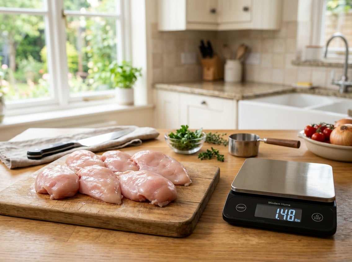Raw chicken breasts on a wooden cutting board next to a digital kitchen scale in a bright kitchen.