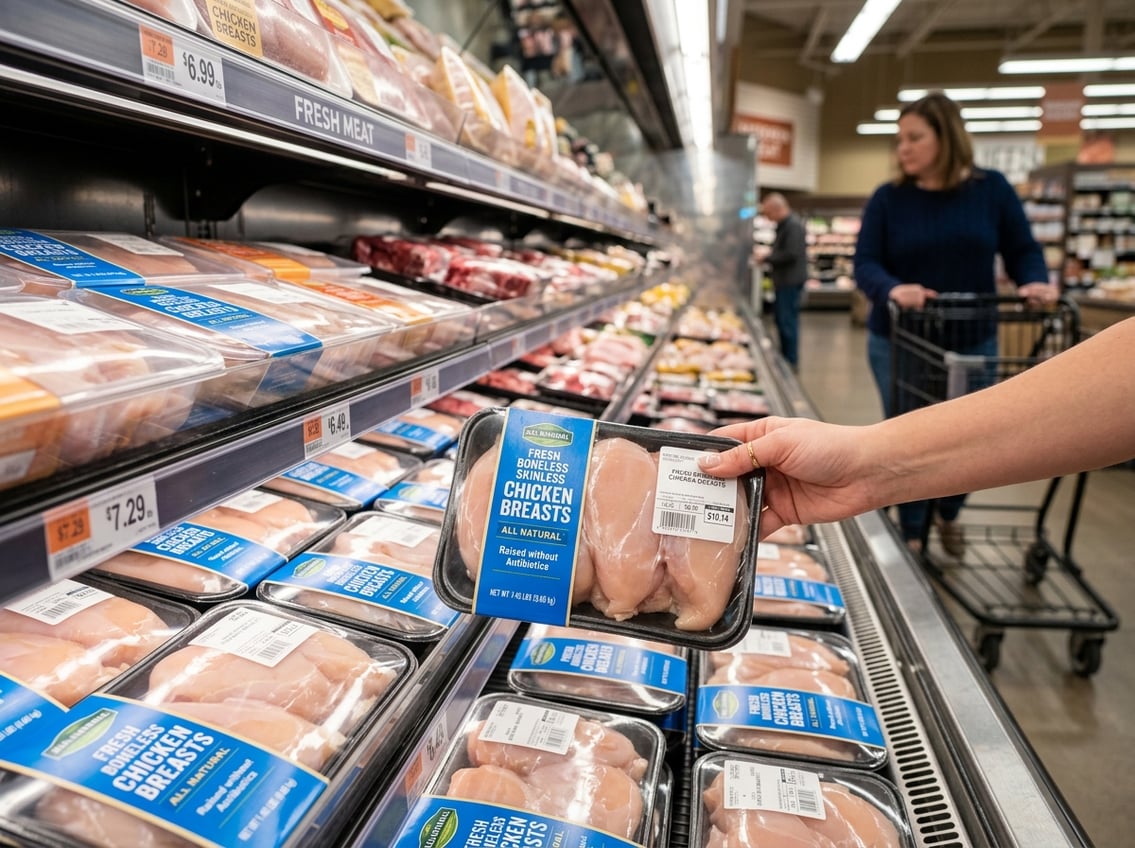A shopper selecting packaged raw chicken breasts from a refrigerated display in a grocery store.