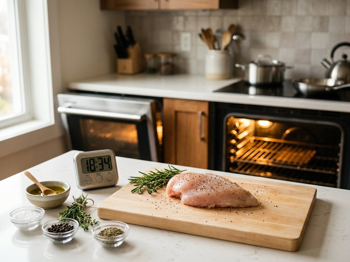 A kitchen scene with a raw chicken breast on a cutting board next to a digital timer, fresh herbs, and a modern oven with its door slightly open.