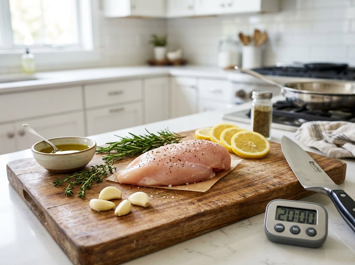 Raw chicken breast on a wooden cutting board with herbs, garlic, lemon slices, olive oil, a kitchen timer, and a knife on a kitchen countertop.