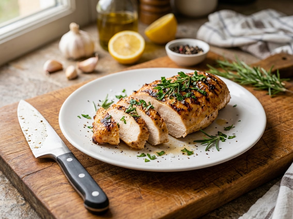 A sliced cooked chicken breast on a white plate garnished with fresh herbs, with kitchen utensils and fresh ingredients in the background.
