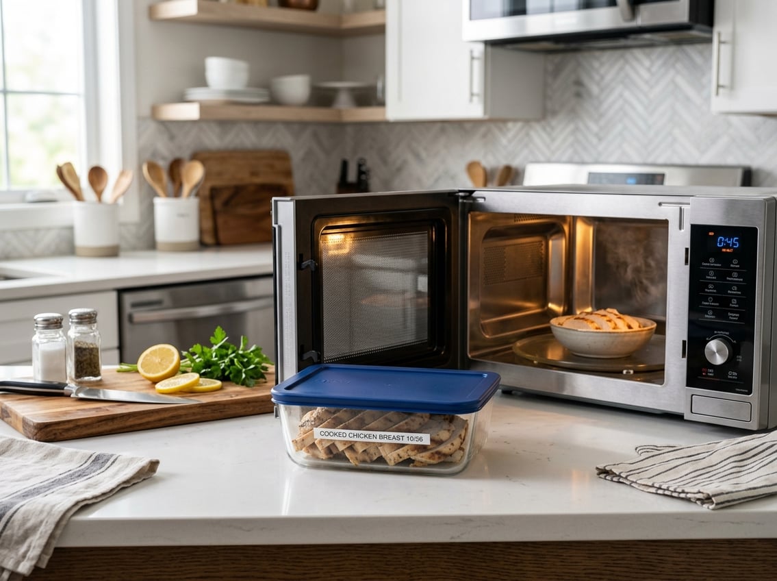 A kitchen countertop with a glass container of cooked chicken breast and an open microwave oven ready for reheating.
