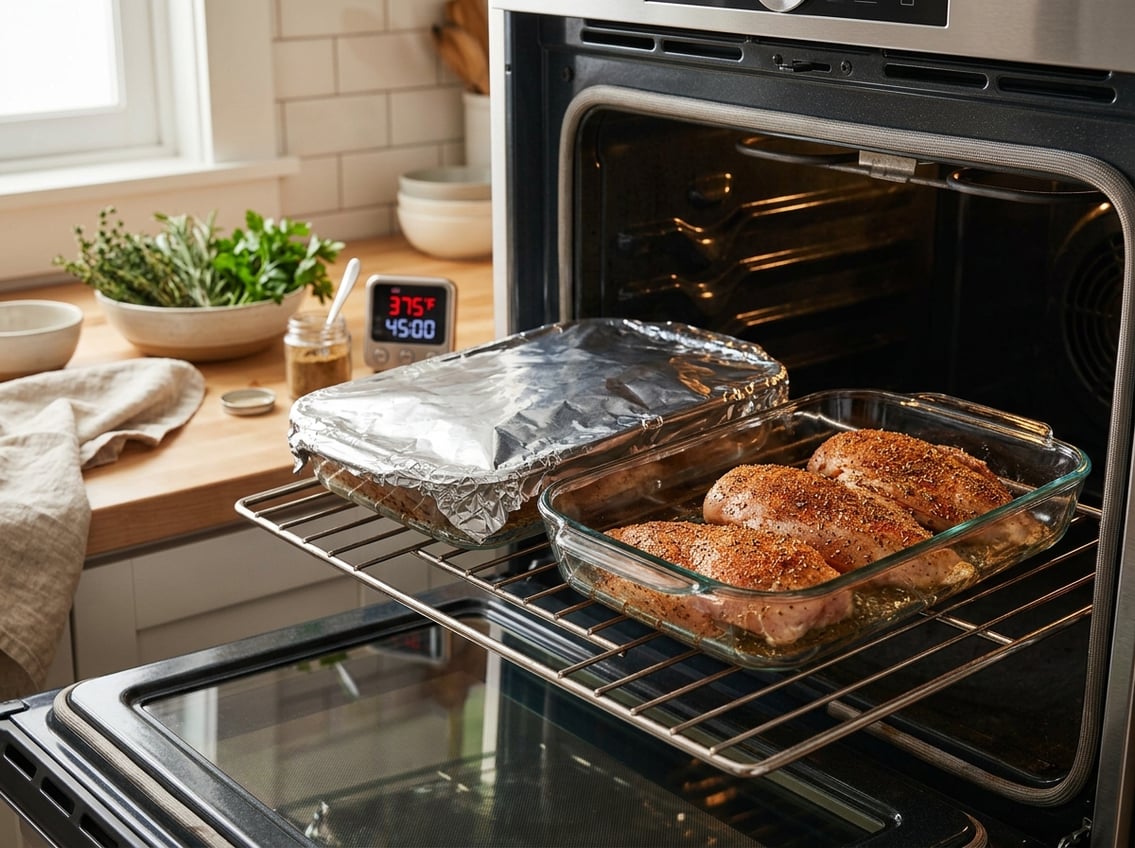 Two baking dishes with seasoned chicken breasts, one covered with foil and one uncovered, on an oven rack in a kitchen.