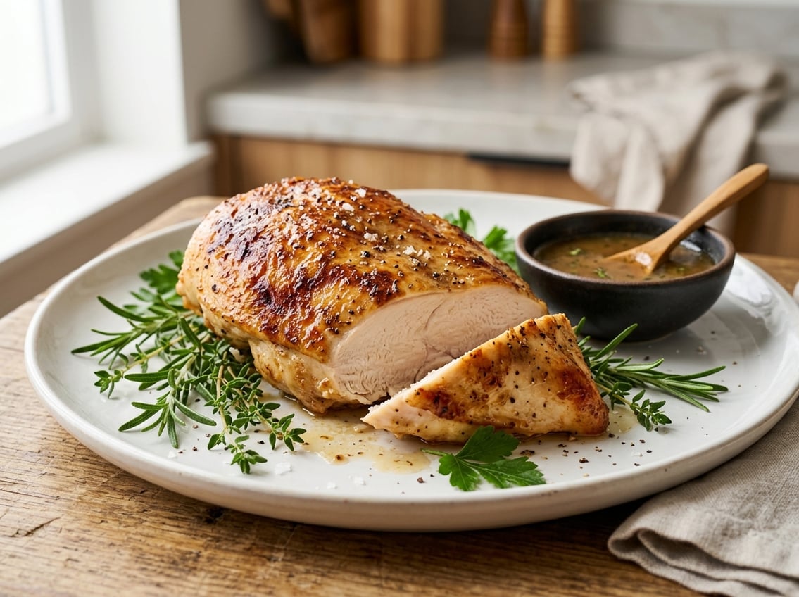 Close-up of a cooked chicken breast on a plate with fresh herbs and sauce in a kitchen setting.