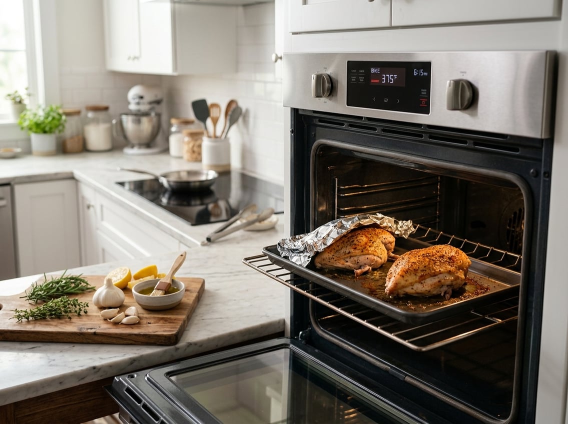 A kitchen oven with a baking tray containing one covered and one uncovered chicken breast, surrounded by fresh ingredients and cooking utensils.