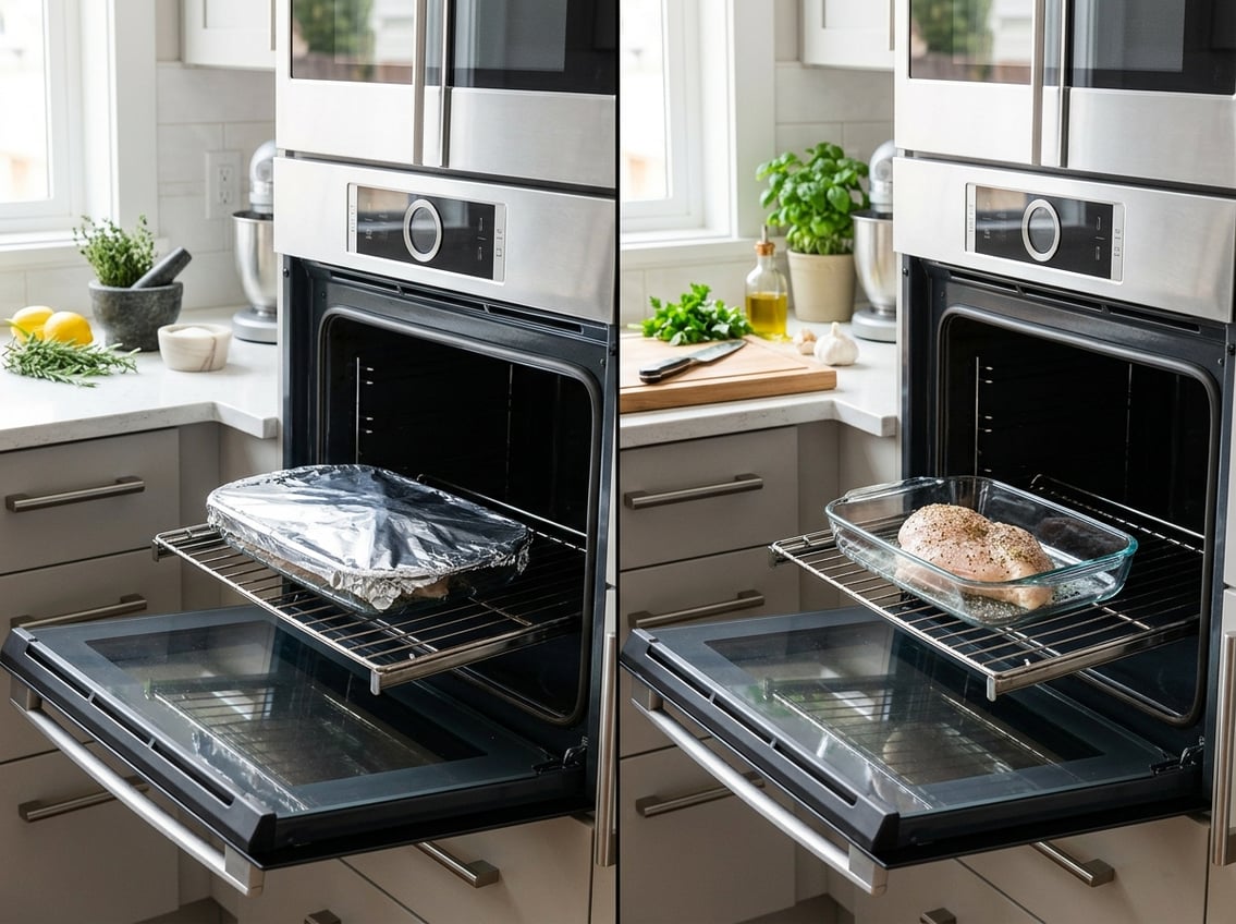 Two side-by-side kitchen scenes showing raw chicken breasts in glass baking dishes, one covered with foil and one uncovered, inside modern ovens.