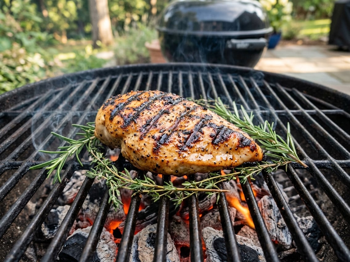 Close-up of a grilled chicken breast with grill marks cooking on a barbecue grill with herbs and glowing charcoal in the background.