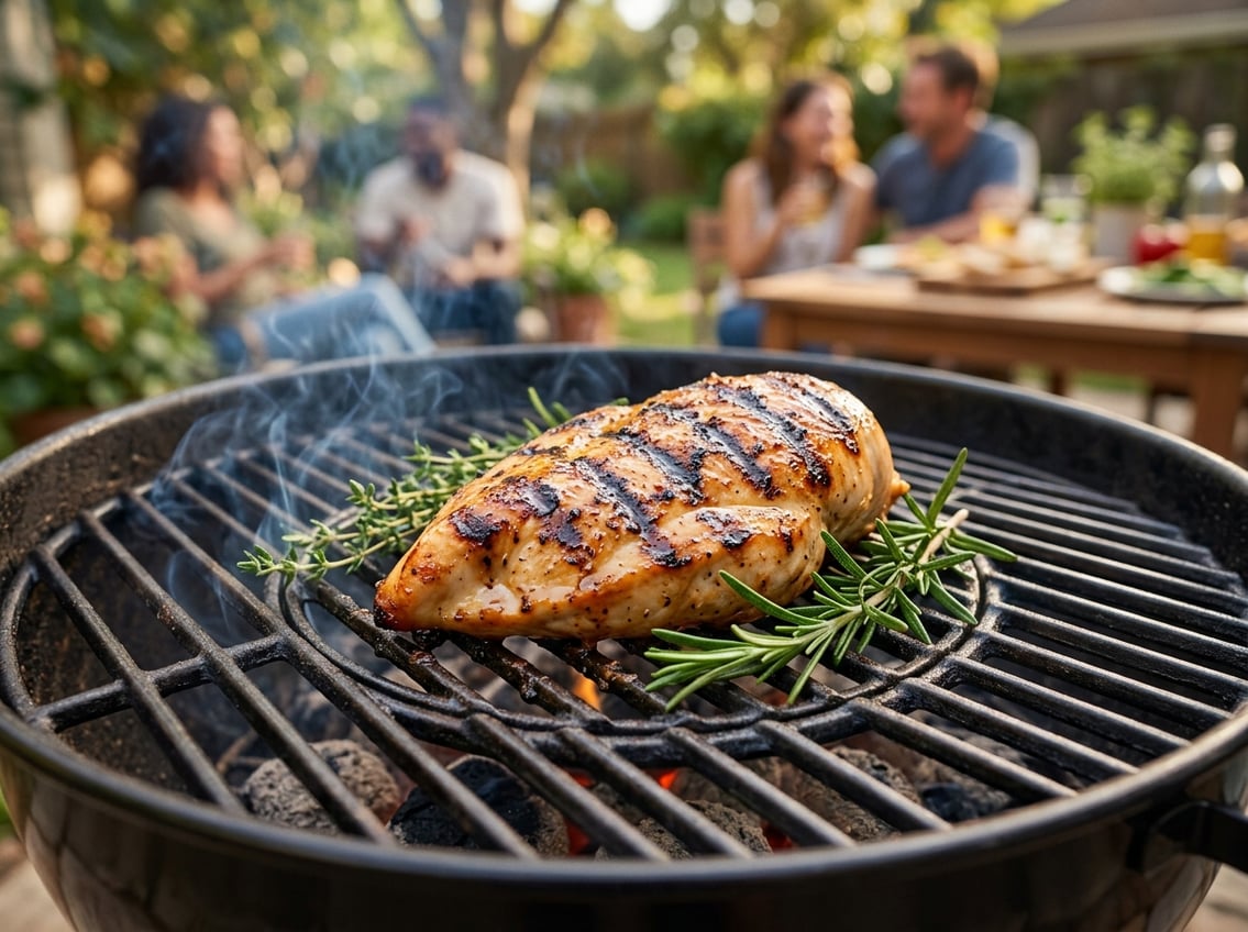 A juicy grilled chicken breast with grill marks on a barbecue grill, outdoors.