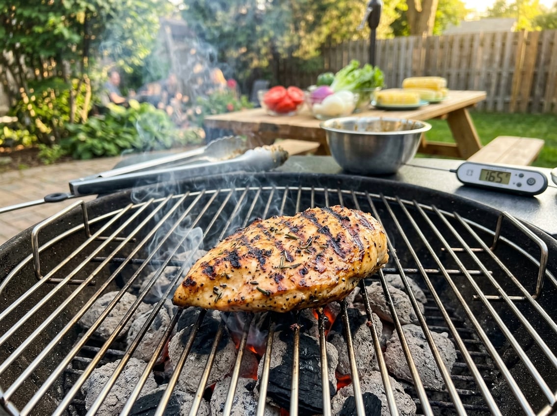 Grilled chicken breast with grill marks cooking on a barbecue grill with smoke rising.