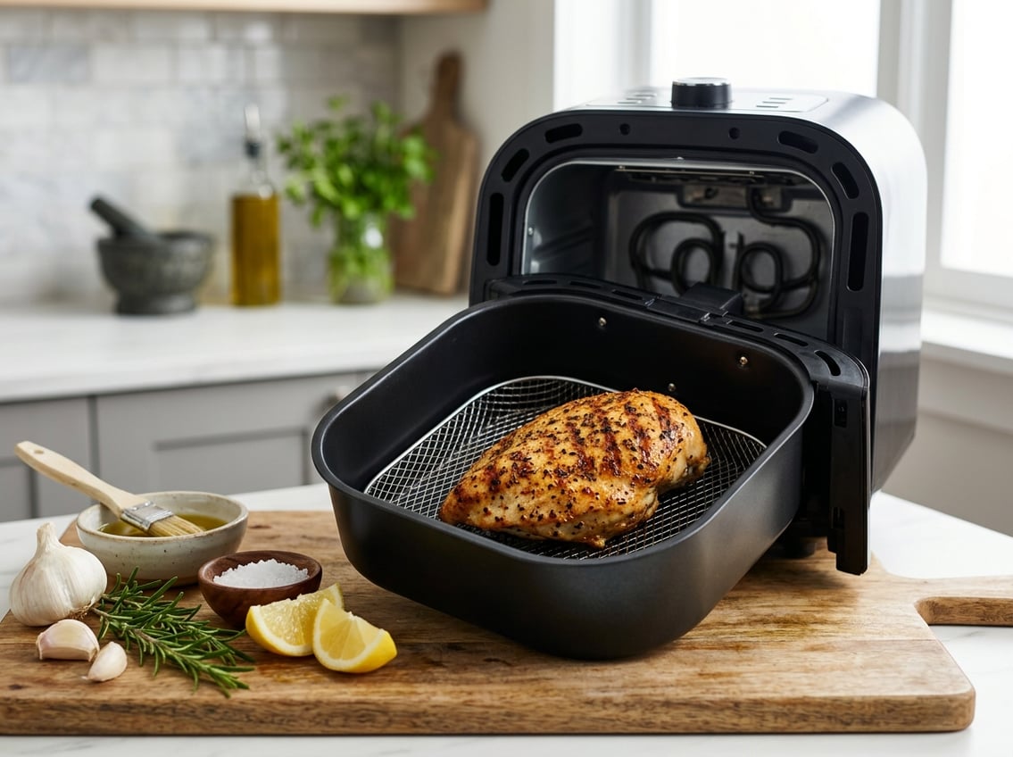 Cooked chicken breast inside an open air fryer basket on a kitchen countertop with fresh herbs and lemon wedges nearby.