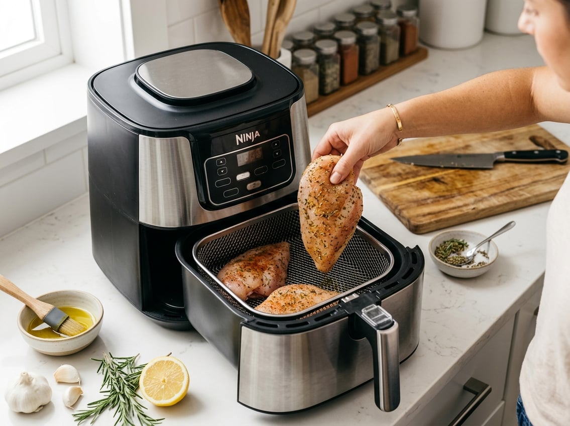 Close-up of a hand placing raw chicken breasts into an air fryer basket on a kitchen countertop with fresh herbs and ingredients nearby.