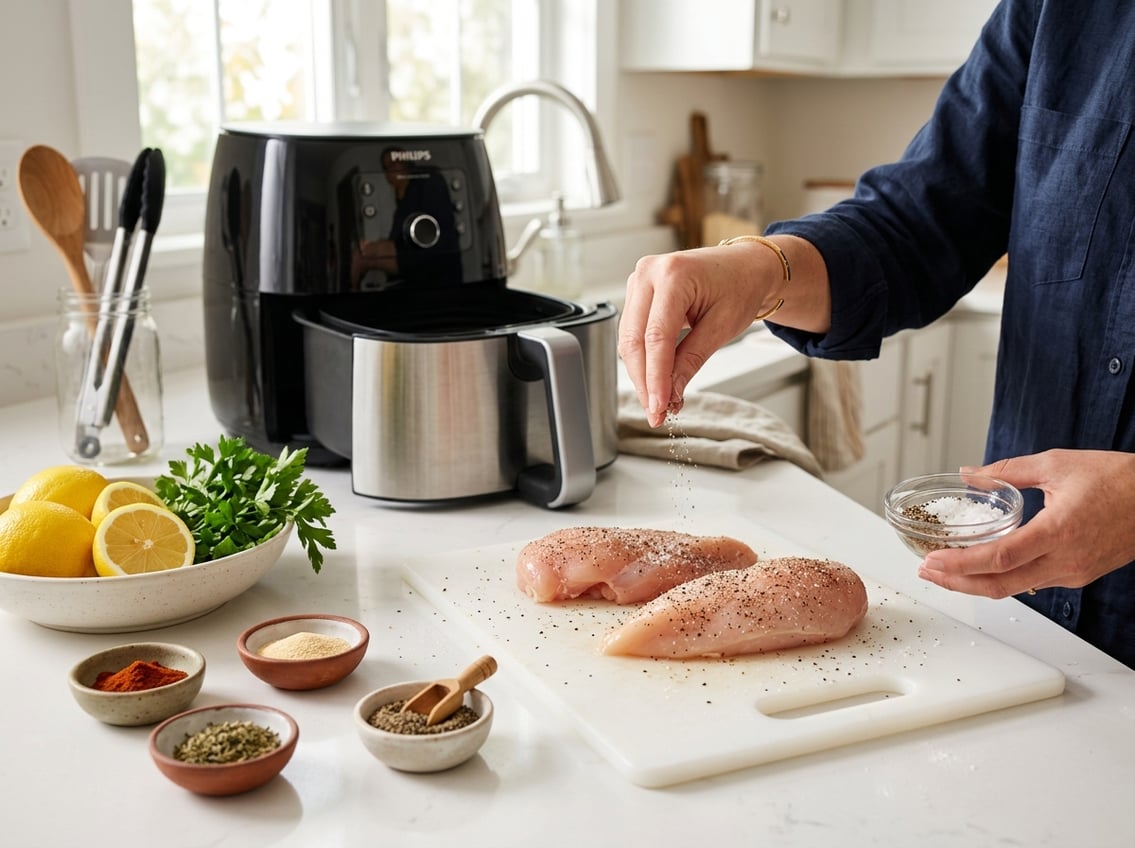 Hands seasoning raw chicken breasts on a cutting board with spices next to an open air fryer in a bright kitchen.