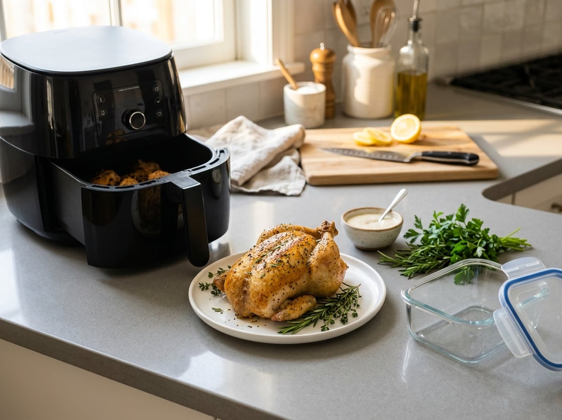 A cooked chicken breast on a plate next to an open air fryer and a container for storing food on a kitchen countertop.