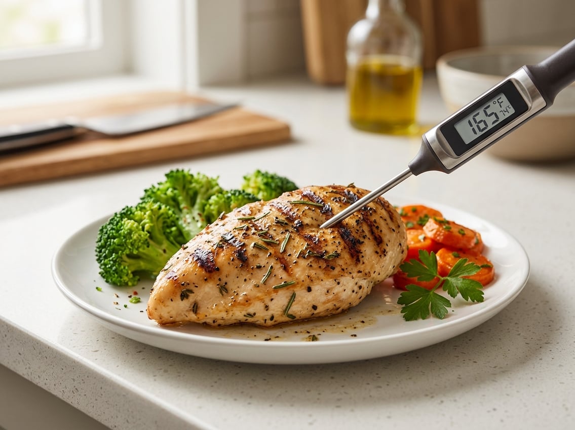 Close-up of a cooked chicken breast with a food thermometer showing a safe internal temperature, served with fresh vegetables on a plate.