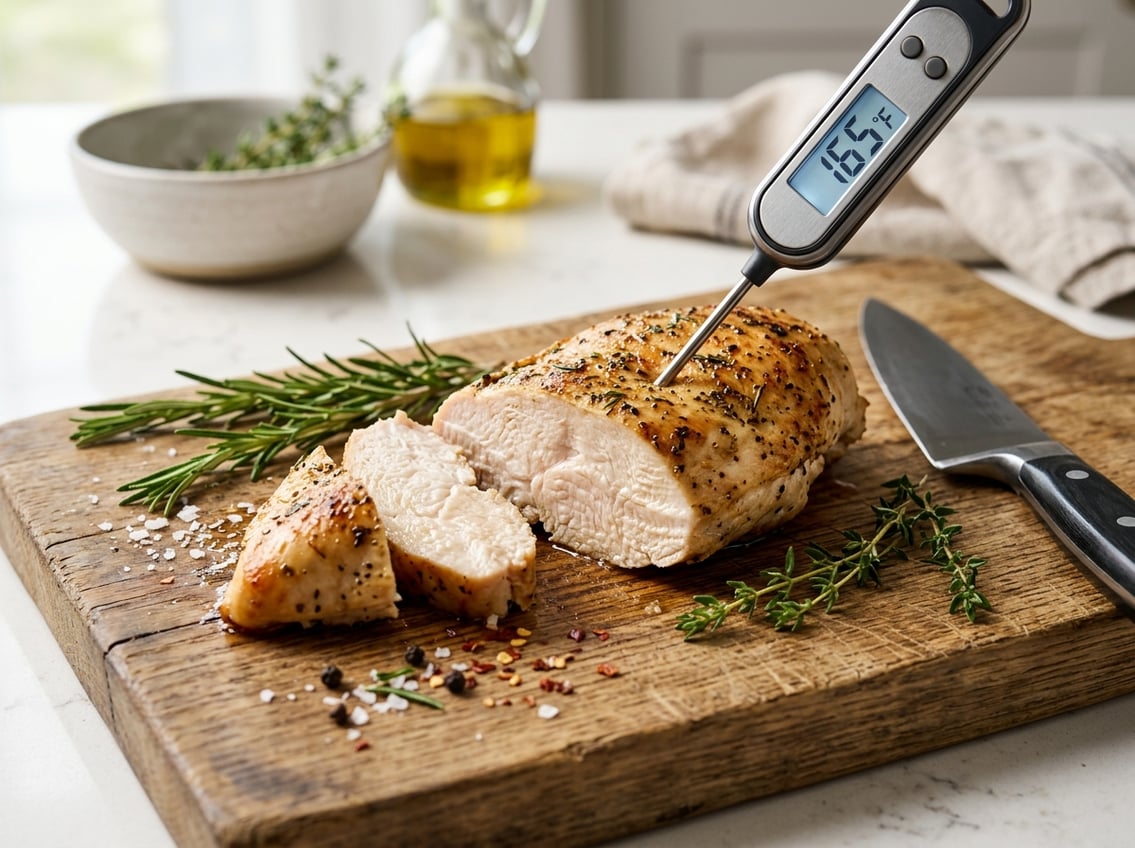 A sliced cooked chicken breast on a cutting board with a meat thermometer showing the temperature, surrounded by fresh herbs and a knife.