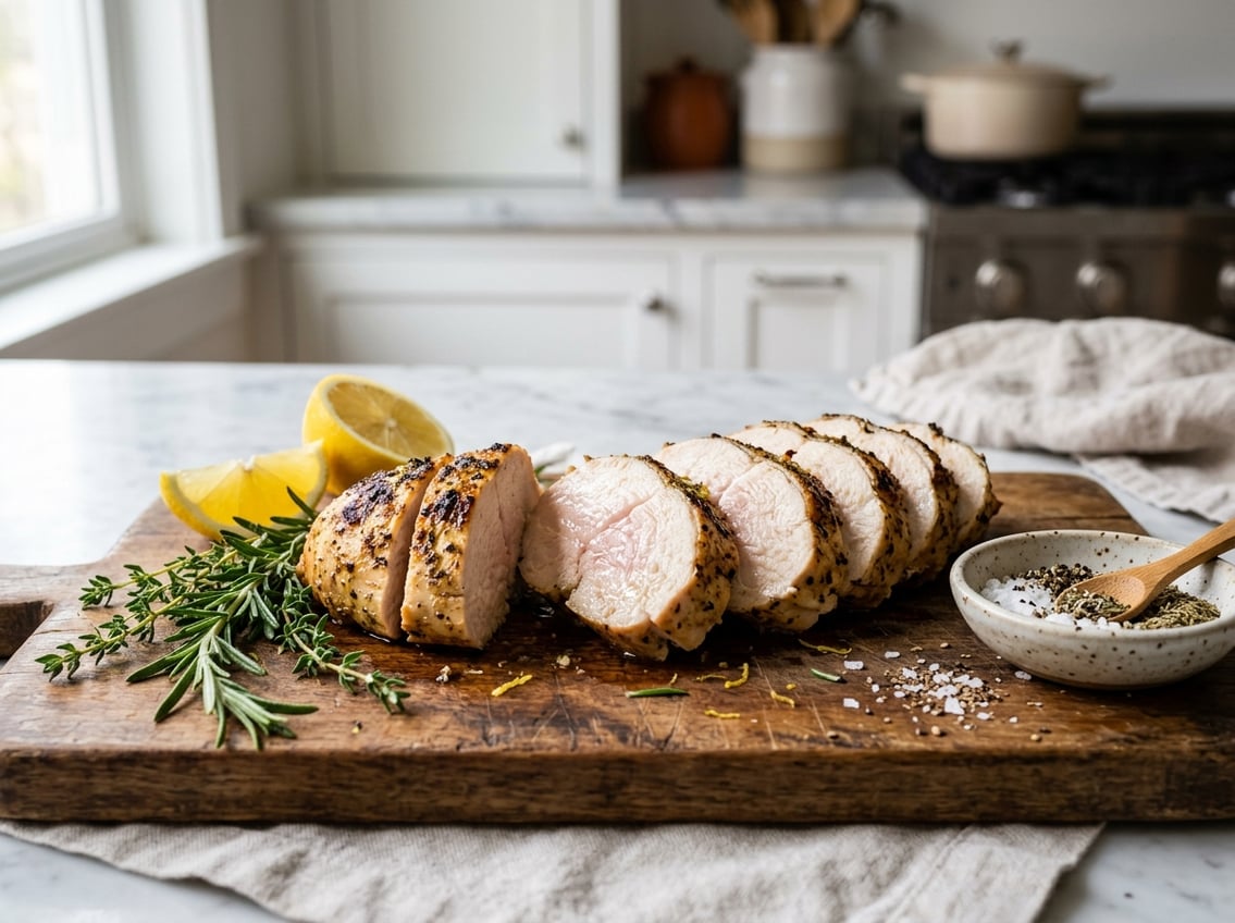 Sliced cooked chicken breast on a wooden cutting board with fresh herbs and lemon wedges in a kitchen setting.