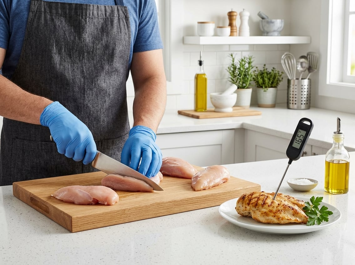 A person wearing gloves preparing raw chicken breasts on a cutting board with a meat thermometer inserted into cooked chicken on a plate in a clean kitchen.