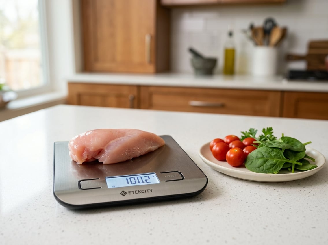 A raw chicken breast on a kitchen scale showing its weight, with fresh vegetables nearby on a countertop.