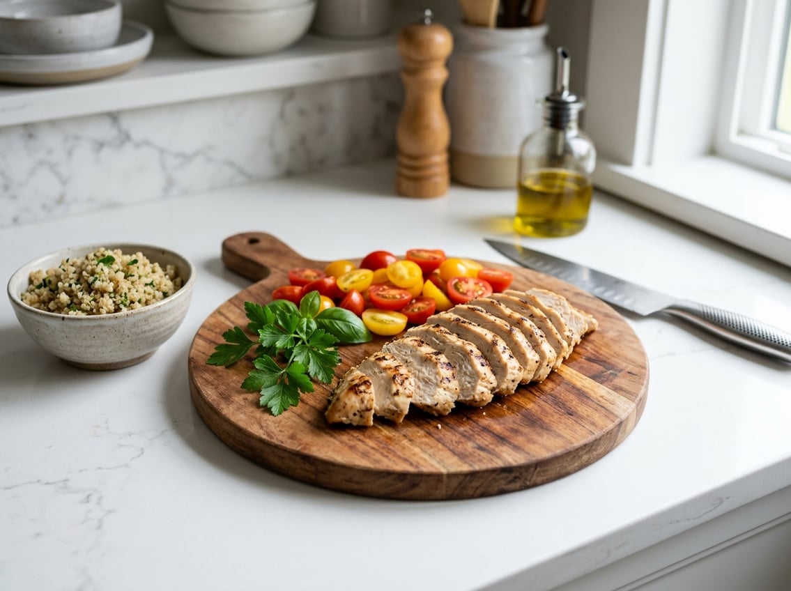 A portion of cooked chicken breast on a cutting board with fresh vegetables and grains in a kitchen setting.