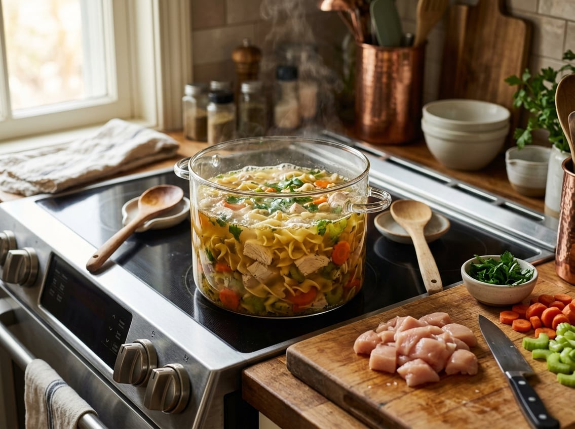 A kitchen stove with a pot of chicken noodle soup containing chicken breast, noodles, and vegetables, surrounded by fresh ingredients on a cutting board.