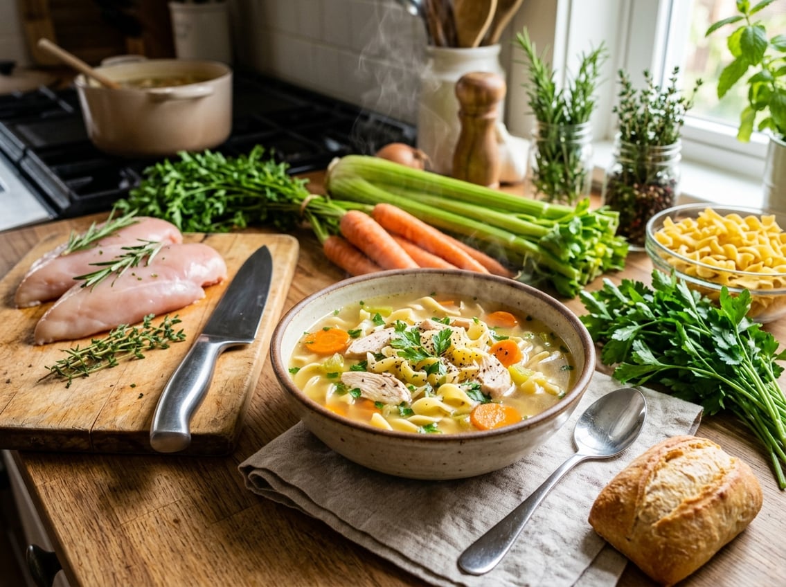 A bowl of chicken noodle soup with chicken breast pieces, vegetables, and noodles on a kitchen countertop with fresh raw chicken breasts and vegetables nearby.