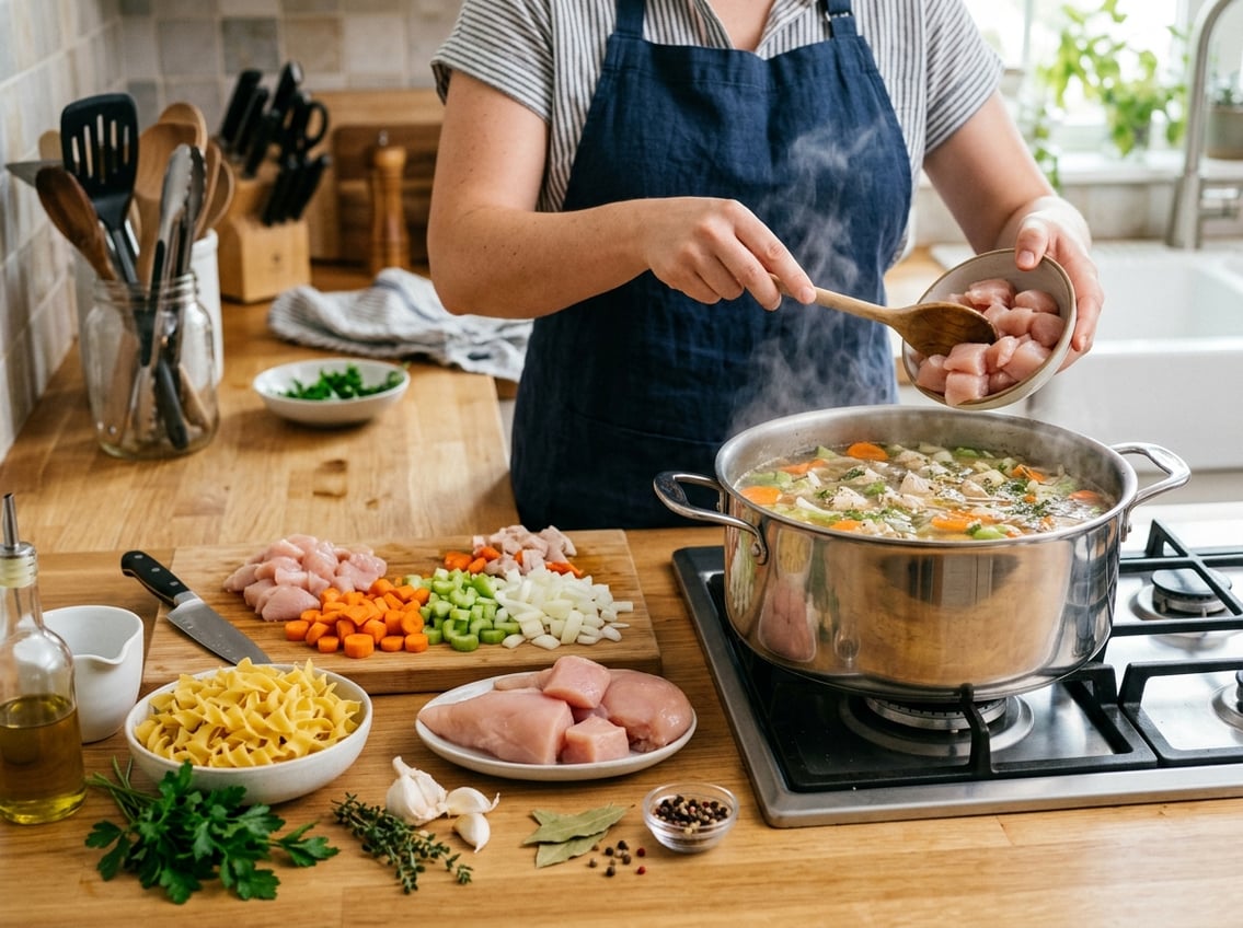 Hands adding diced chicken breast into a pot of chicken noodle soup on a stove with fresh vegetables and noodles on the countertop.
